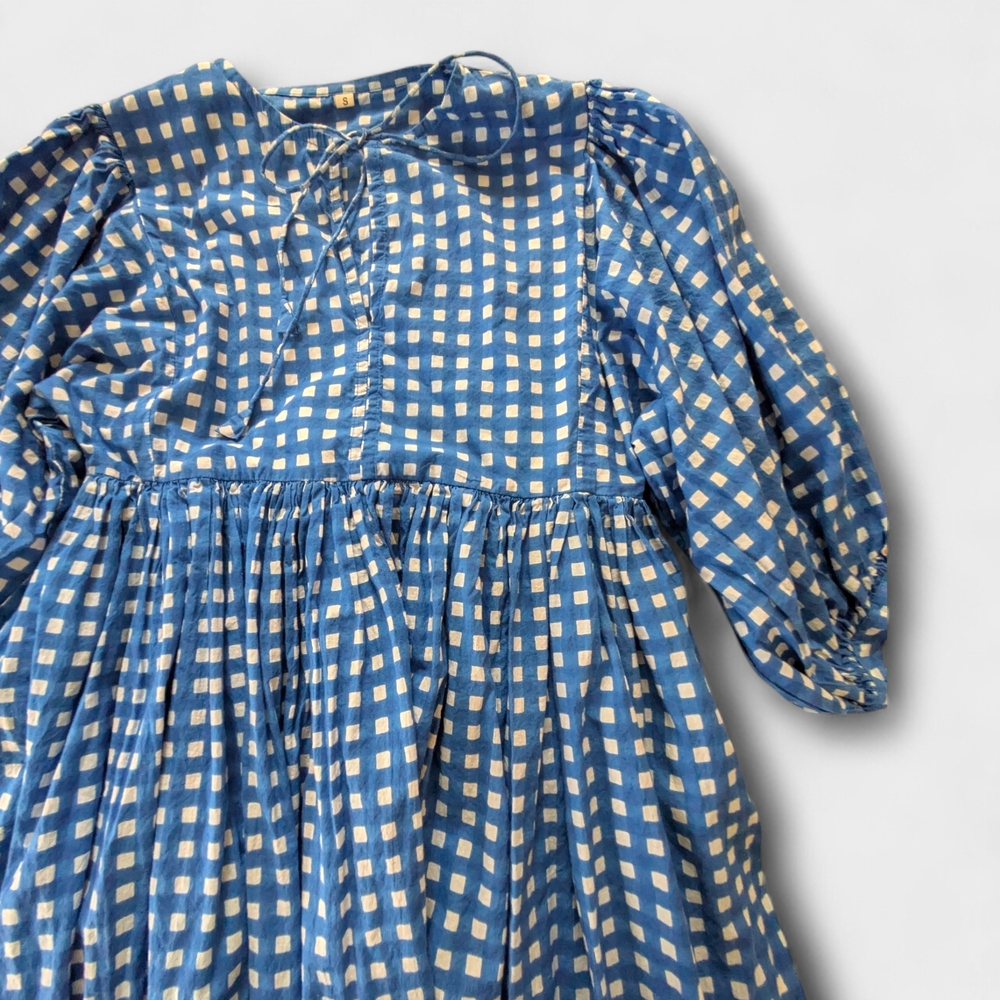 Blue Gingham Midi Dress S 100% Cotton Pockets Puff Sleeve Cottagecore Prairie - Picture 2 of 5